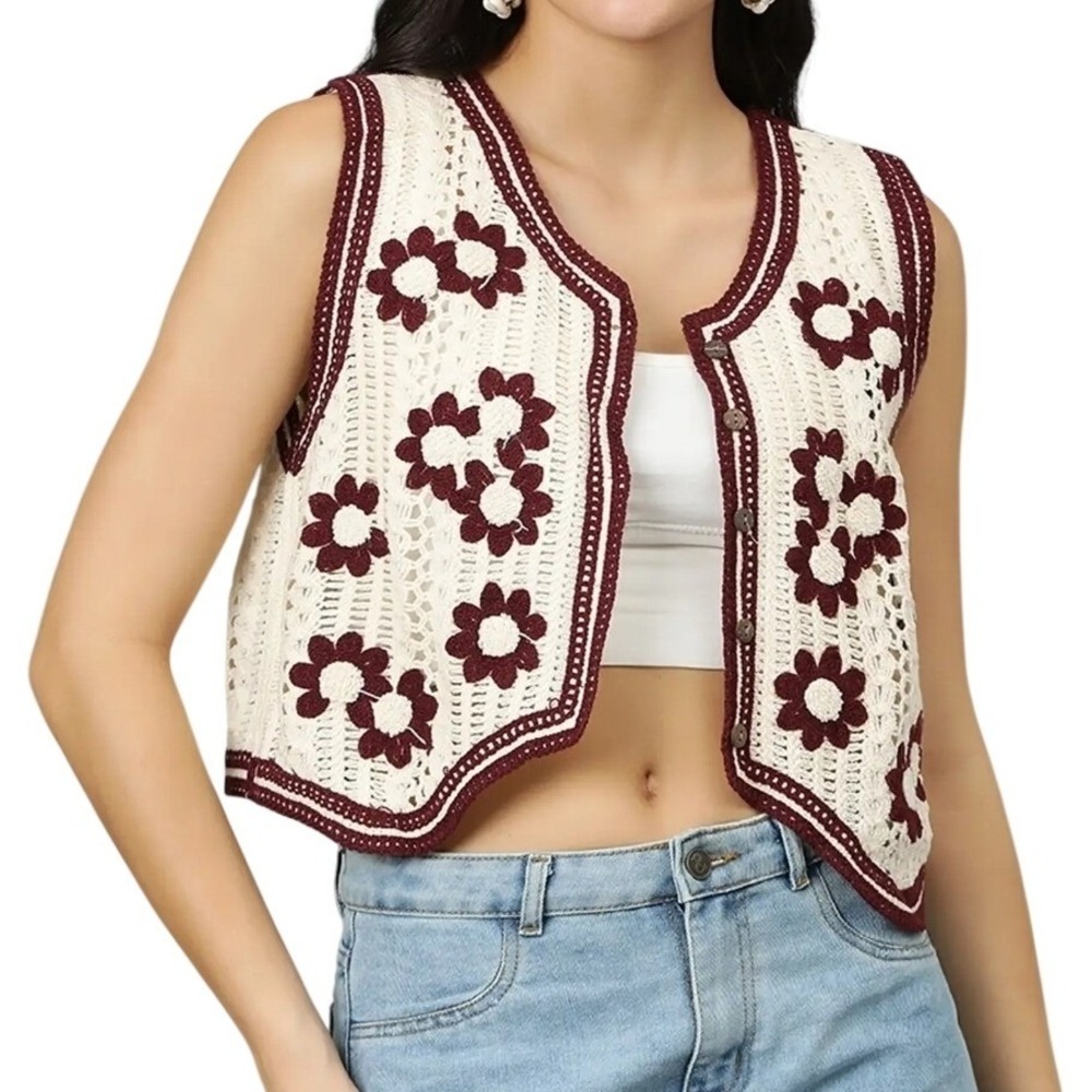 Boho Granny Floral Crochet Knit Vest Cream Burgund Button Front Large Crop Top L